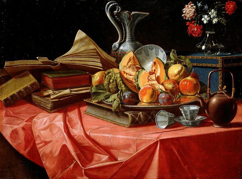 Cristoforo Munari vasetto di fiori e teiera su tavolo coperto da tovaglia rossa China oil painting art